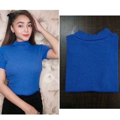 Blue High-Neck Short Sleeve T-Shirt