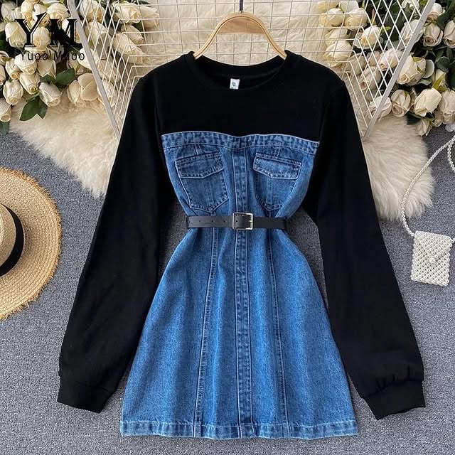 Denim Patchwork Long Sleeve Dress