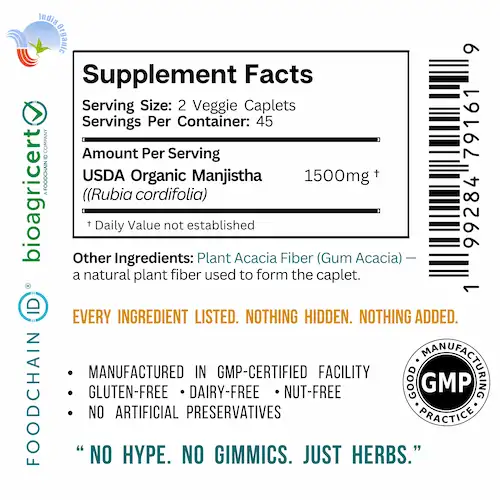 GeVica Biosciences USDA Organic Manjistha – 1500mg per Serving – 90 Vegan Caplets | Whole Root Powder | Ayurvedic Herbal Supplement | No Fillers