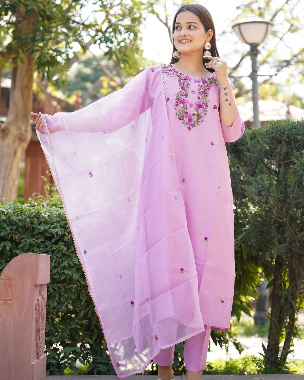 Pink Embroidered Three-Piece Suit