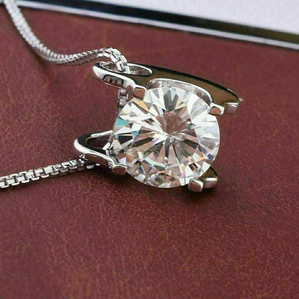 Elegant Silver Necklace with Round Cut Cubic Zirconia Diamond 925 Sterling Silver with Free Chain