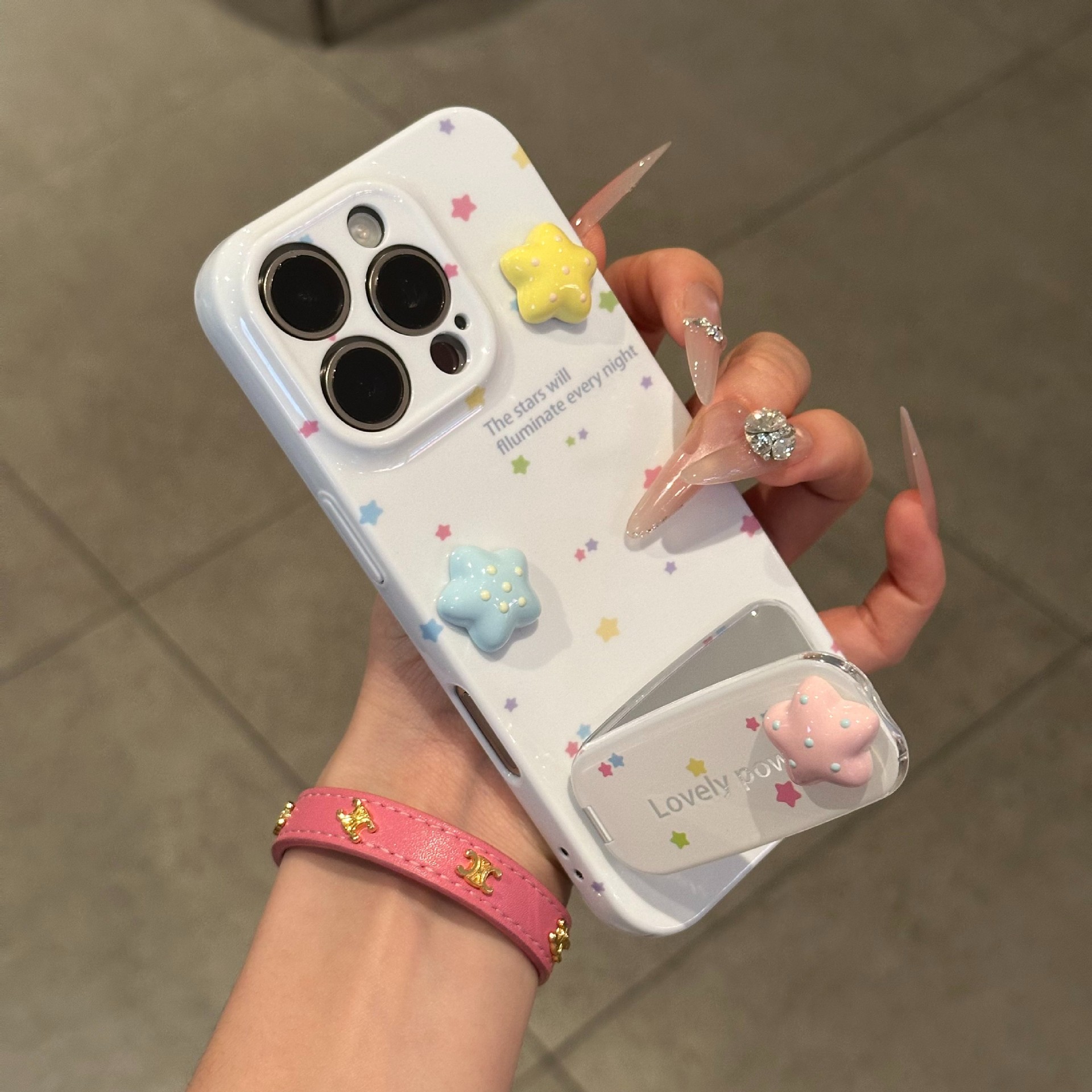 Lovely 3D Star iPhone Case with Mirror Holder & Foldable Stand – Cute White Aesthetic Cover