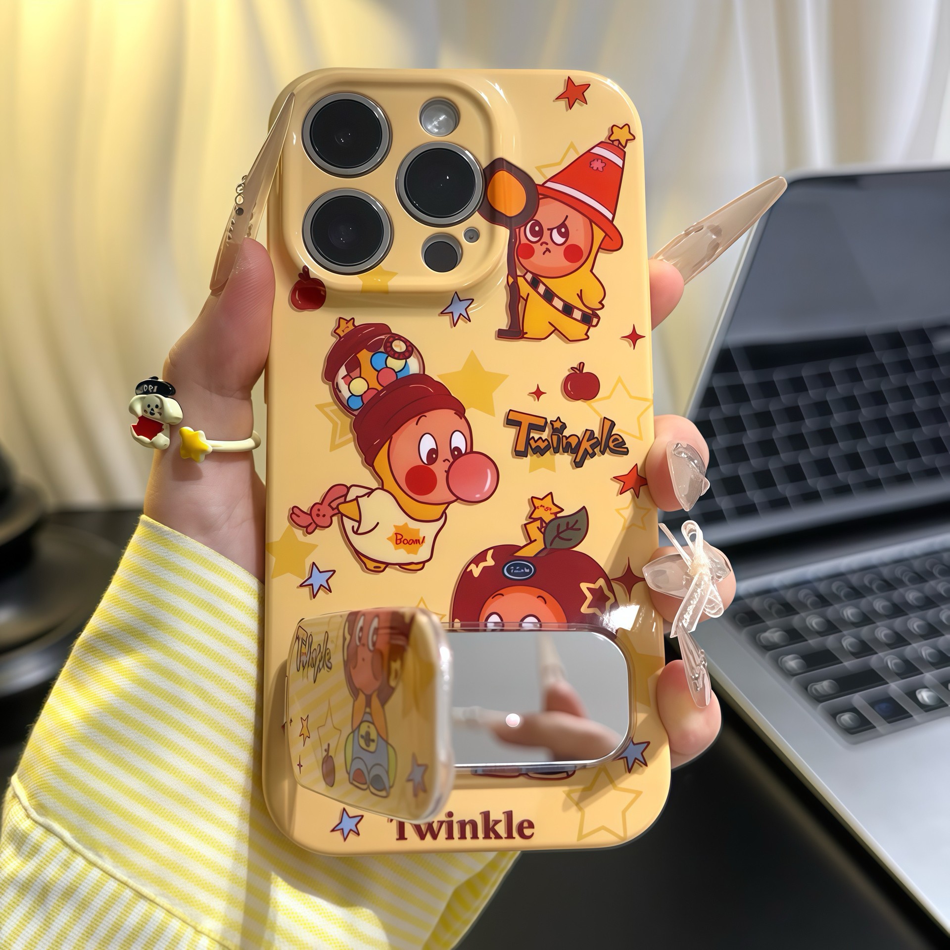 Kawaii Twinkle 3D iPhone Case with Built-In Mirror Stand – Adorable Cartoon Protective Cover