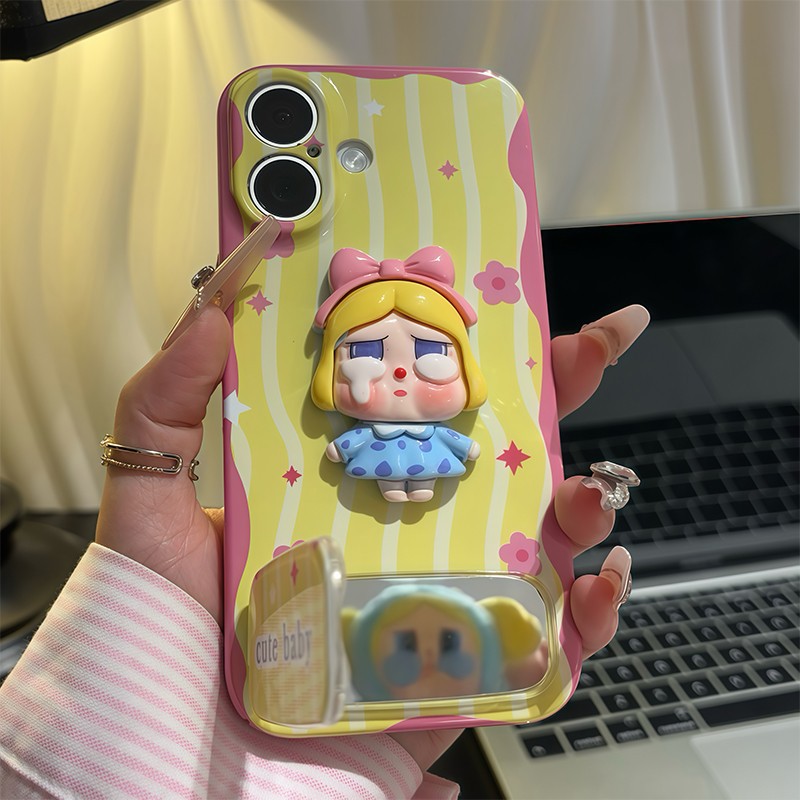 Cute 3D Cartoon Girl Phone Case with Mirror Grip – Soft TPU Protective Case for iPhone