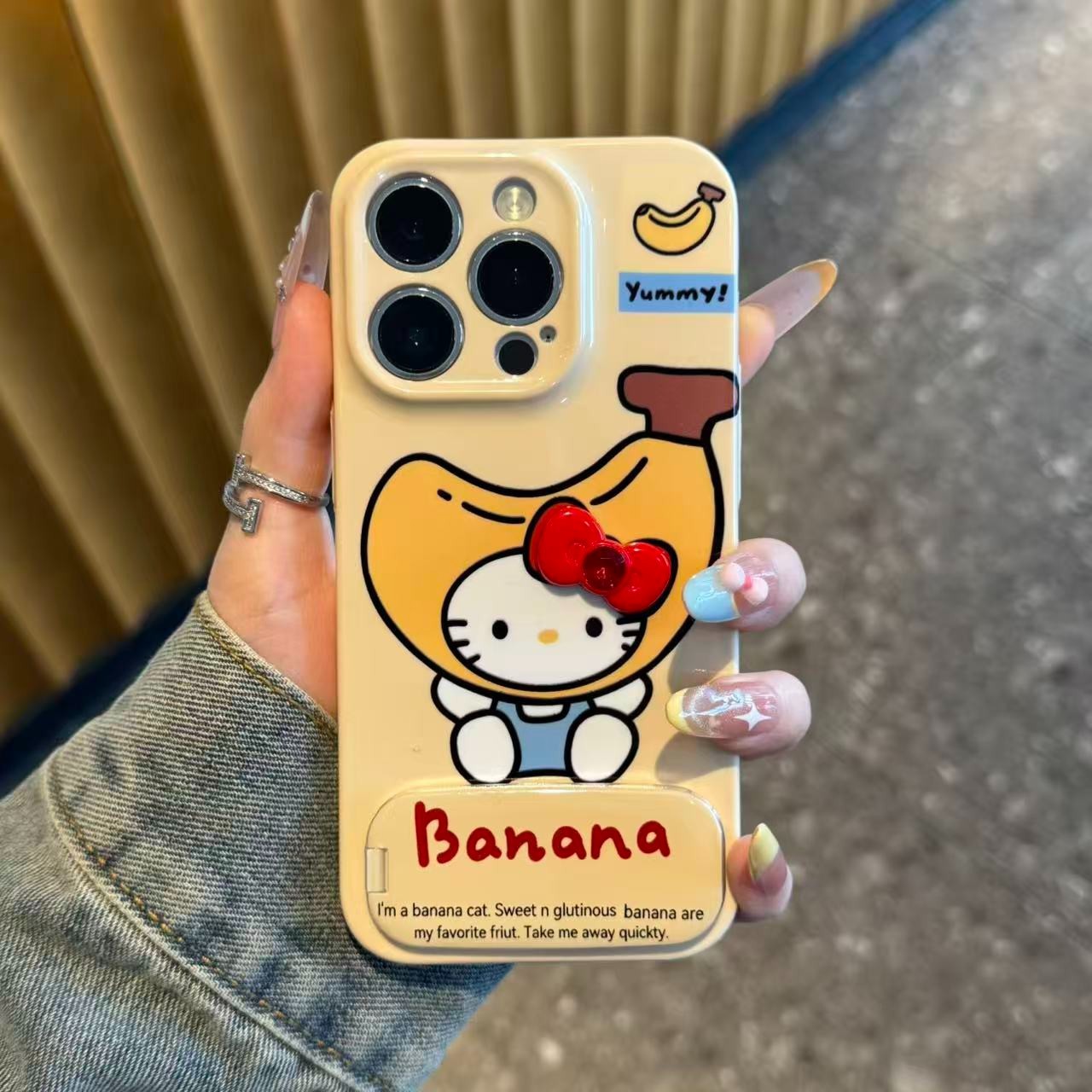 Adorable Banana Cat iPhone Case with Built-in Mirror & Foldable Kickstand – Cute Cartoon TPU Cover