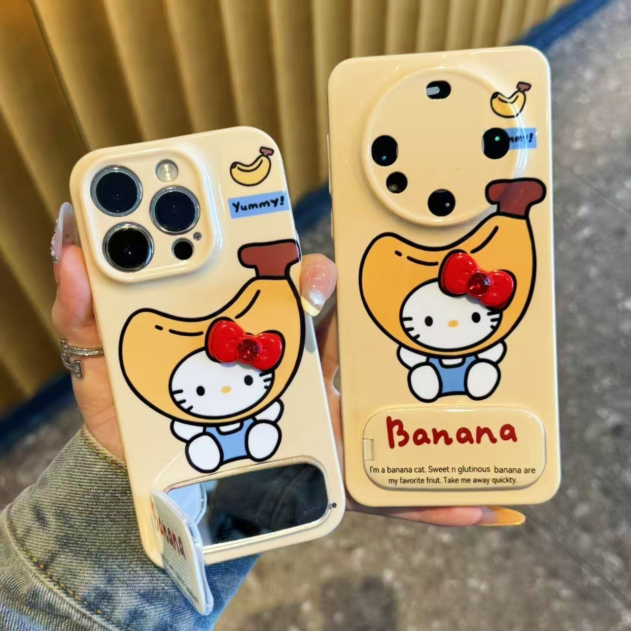Adorable Banana Cat iPhone Case with Built-in Mirror & Foldable Kickstand – Cute Cartoon TPU Cover