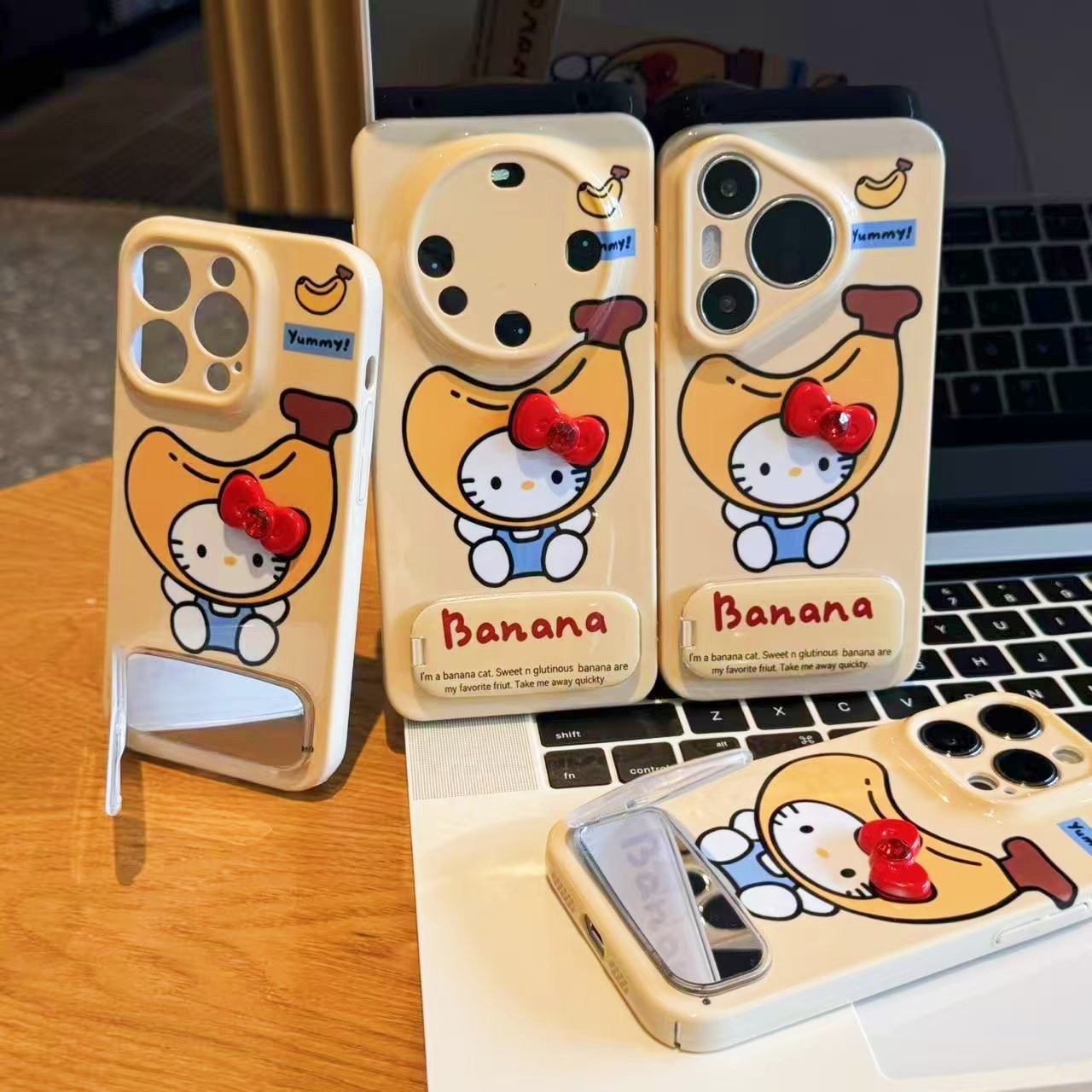 Adorable Banana Cat iPhone Case with Built-in Mirror & Foldable Kickstand – Cute Cartoon TPU Cover