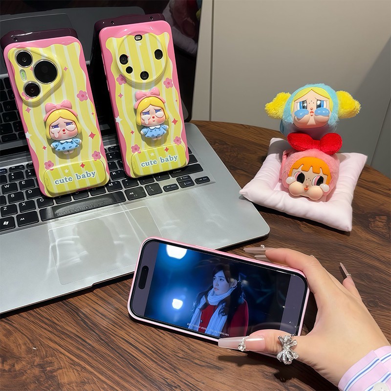 Cute 3D Cartoon Girl Phone Case with Mirror Grip – Soft TPU Protective Case for iPhone