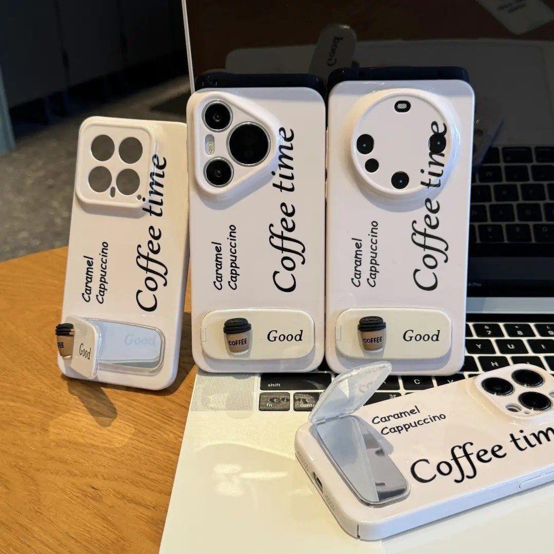 Cute Coffee Time iPhone Case with Mirror & Stand – Caramel Cappuccino Design, Simple White Aesthetic