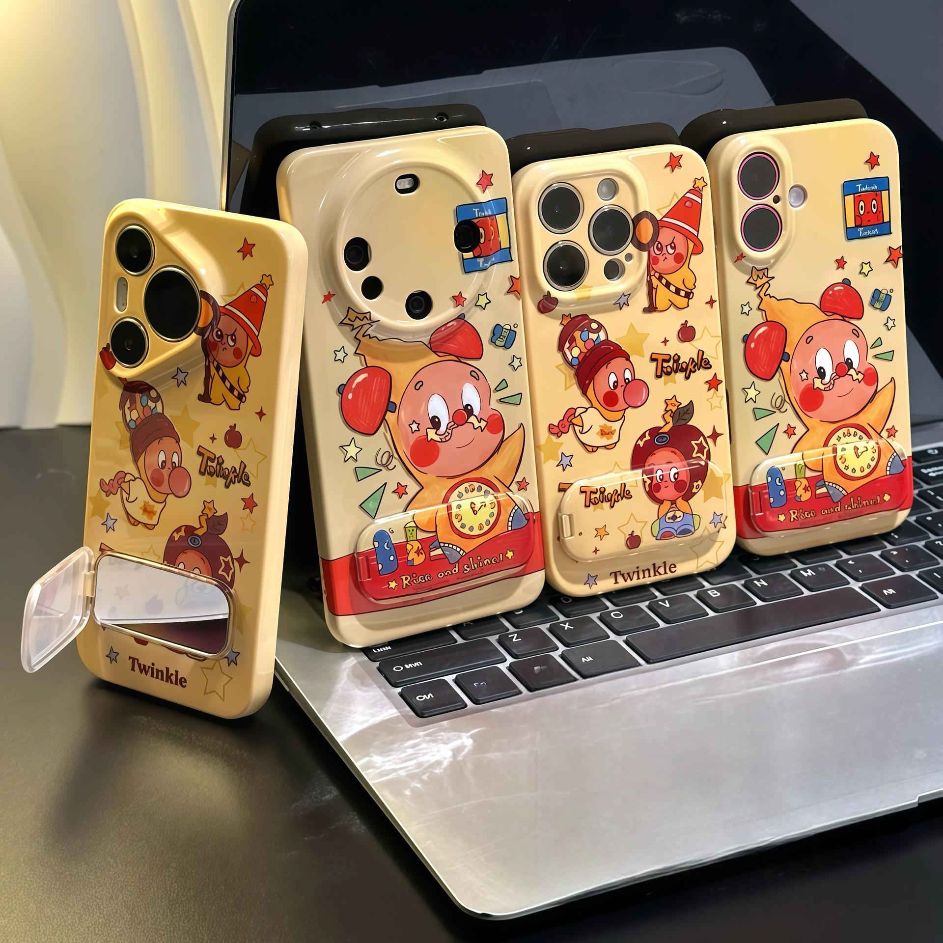 Kawaii Twinkle 3D iPhone Case with Built-In Mirror Stand – Adorable Cartoon Protective Cover