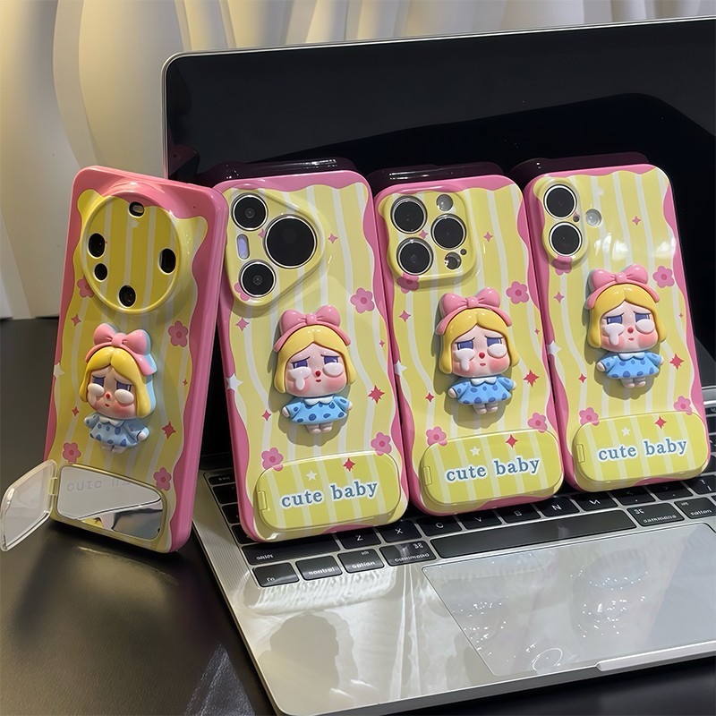 Cute 3D Cartoon Girl Phone Case with Mirror Grip – Soft TPU Protective Case for iPhone