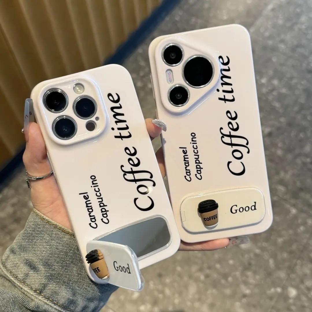 Cute Coffee Time iPhone Case with Mirror & Stand – Caramel Cappuccino Design, Simple White Aesthetic