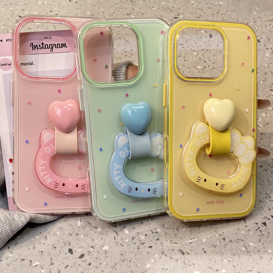 Cute Heart Grip Mirror Phone Case for iPhone  Kawaii Hello Kitty Design, 
