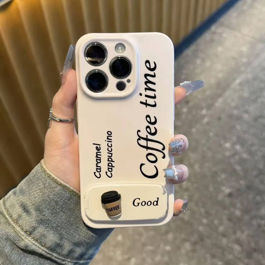 Cute Coffee Time iPhone Case with Mirror & Stand – Caramel Cappuccino Design, Simple White Aesthetic