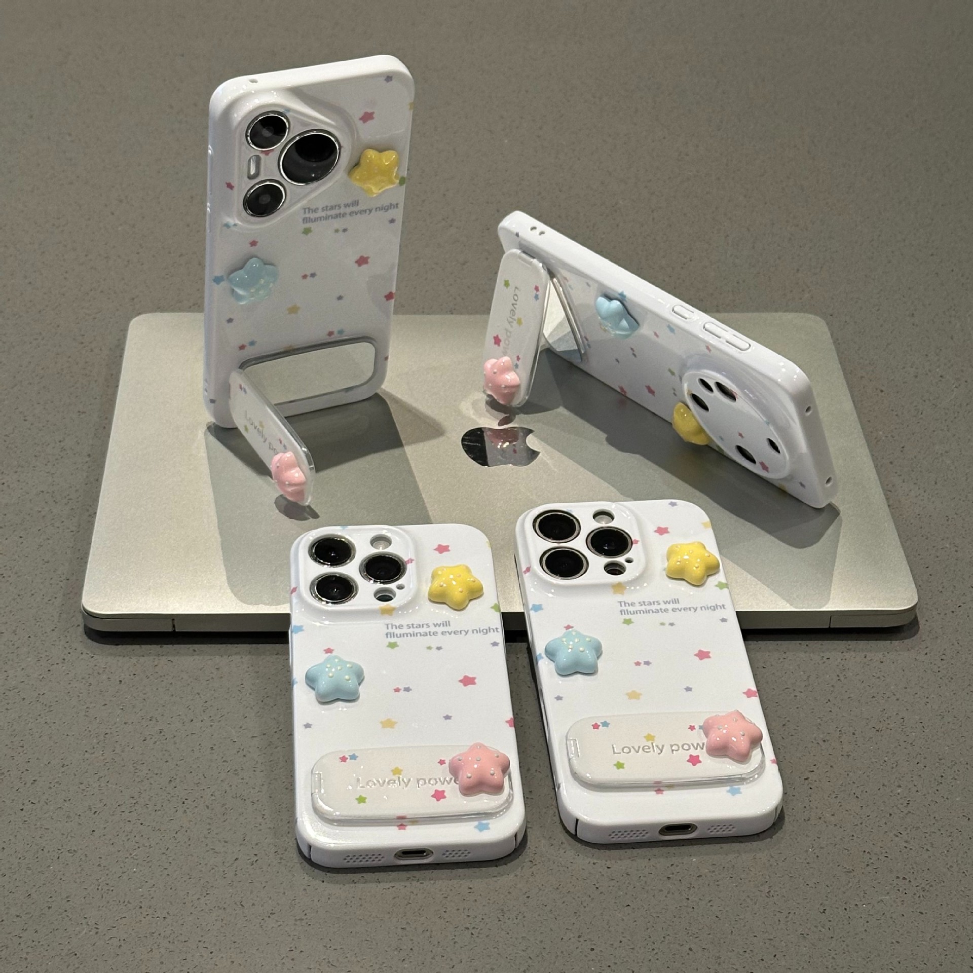 Lovely 3D Star iPhone Case with Mirror Holder & Foldable Stand – Cute White Aesthetic Cover