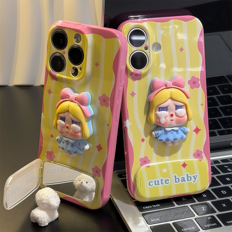Cute 3D Cartoon Girl Phone Case with Mirror Grip – Soft TPU Protective Case for iPhone
