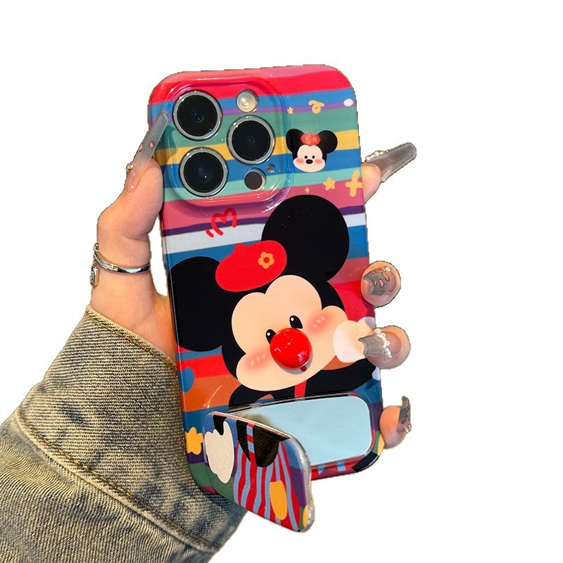 3D Cartoon Mouse Phone Case (Mickey-Inspired) with Mirror Grip & Stand