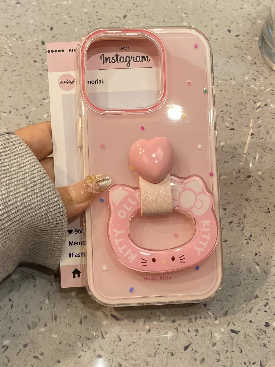 Cute Heart Grip Mirror Phone Case for iPhone  Kawaii Hello Kitty Design, 