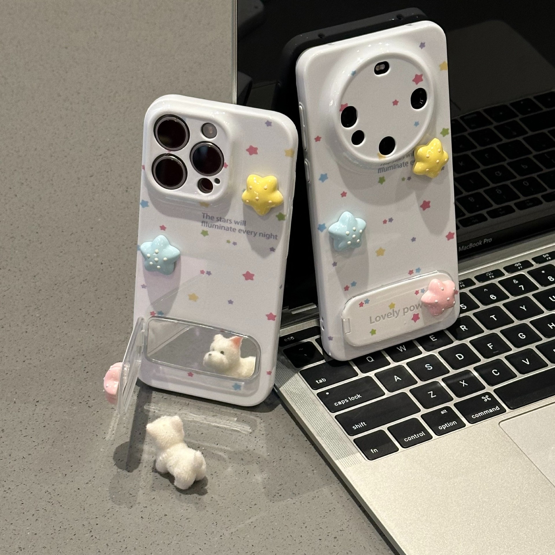 Lovely 3D Star iPhone Case with Mirror Holder & Foldable Stand – Cute White Aesthetic Cover