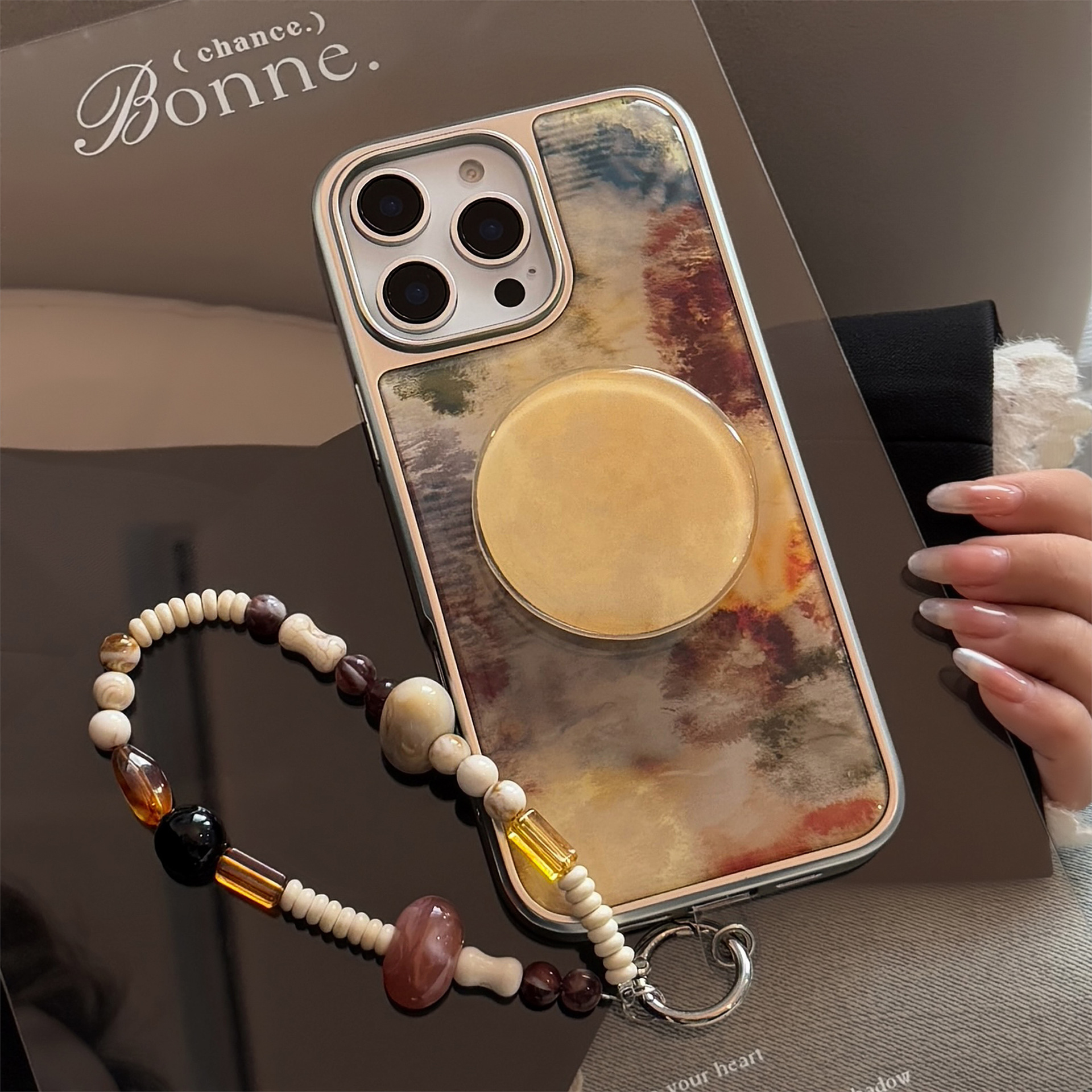 Amber Vintage Style Phone Case with Beaded Strap for iPhone 13/14/15/16/17 