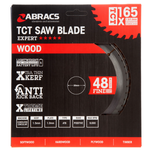 Abracs TCTC16548 Expert TCT Cordless Circular Saw Blade for Wood 165 × 20mm × 48T