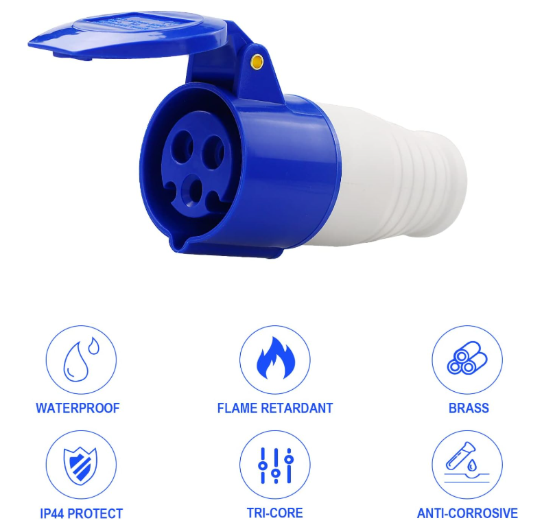 16A 240V 3-Pin Weather Proof Industrial Socket, Dustproof Replacement Socket with Cover, 1 Pack