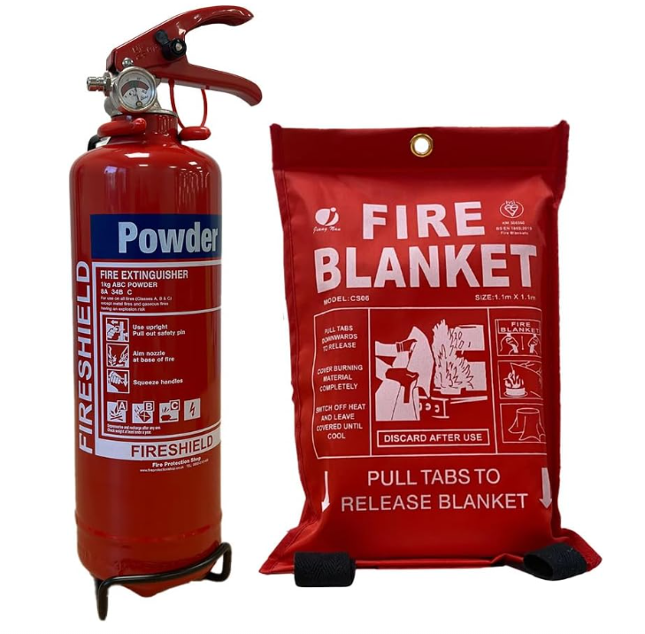 FireShield Home Safety Pack, 1kg Dry Powder Fire Extinguisher & 1m x 1m Soft Case Fire Blanket