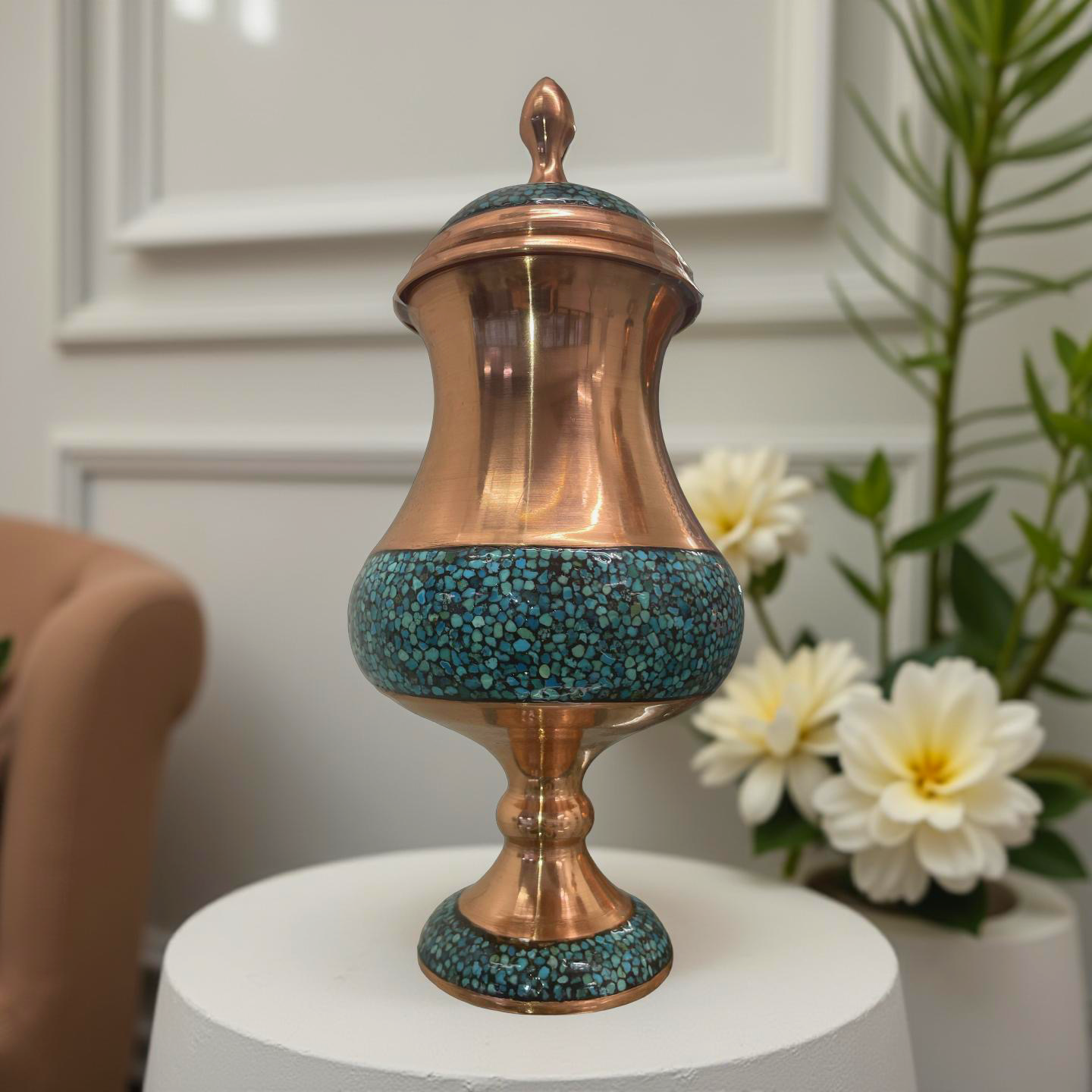 Handcrafted turquoise inlaid copper pottery