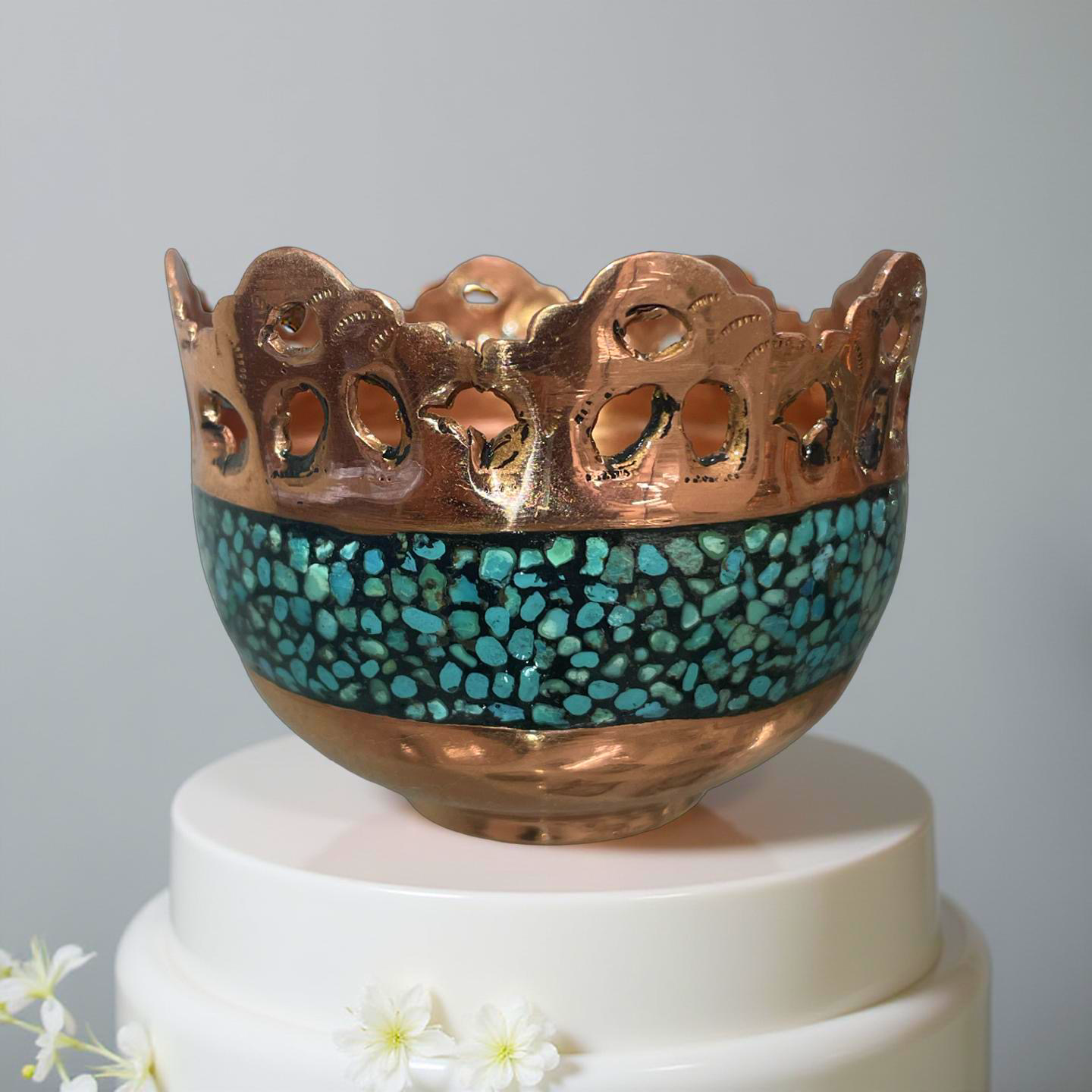 Handcrafted turquoise inlaid copper bowl