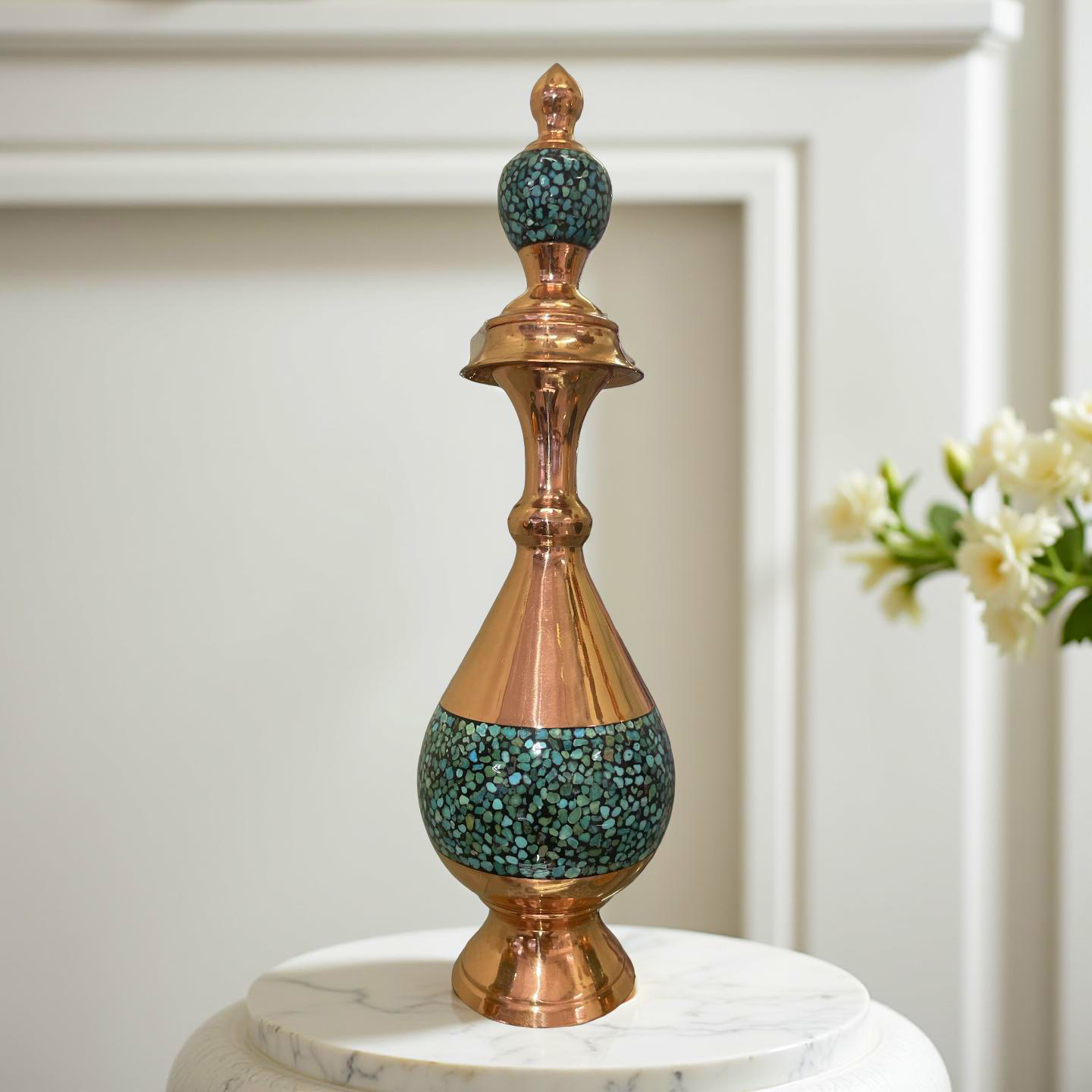 Handcrafted copper and turquoise decorative vase