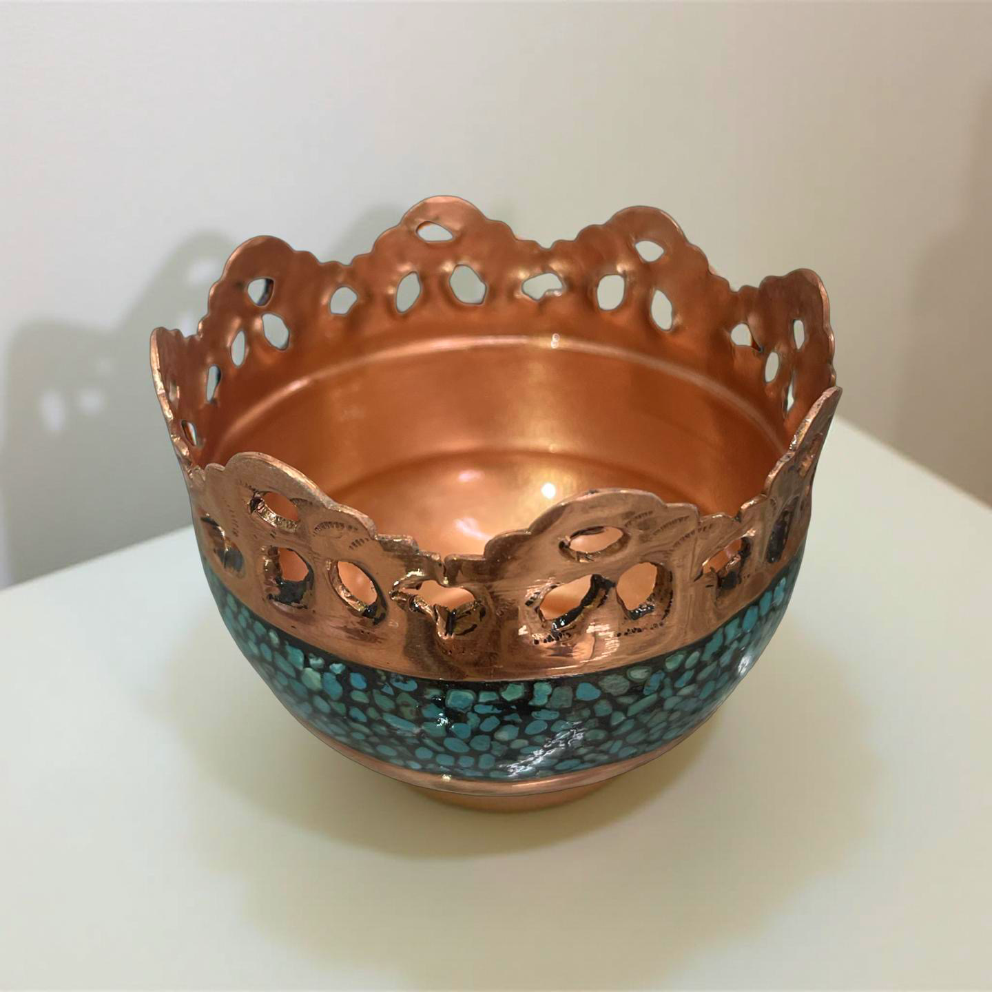 Handcrafted turquoise inlaid copper bowl