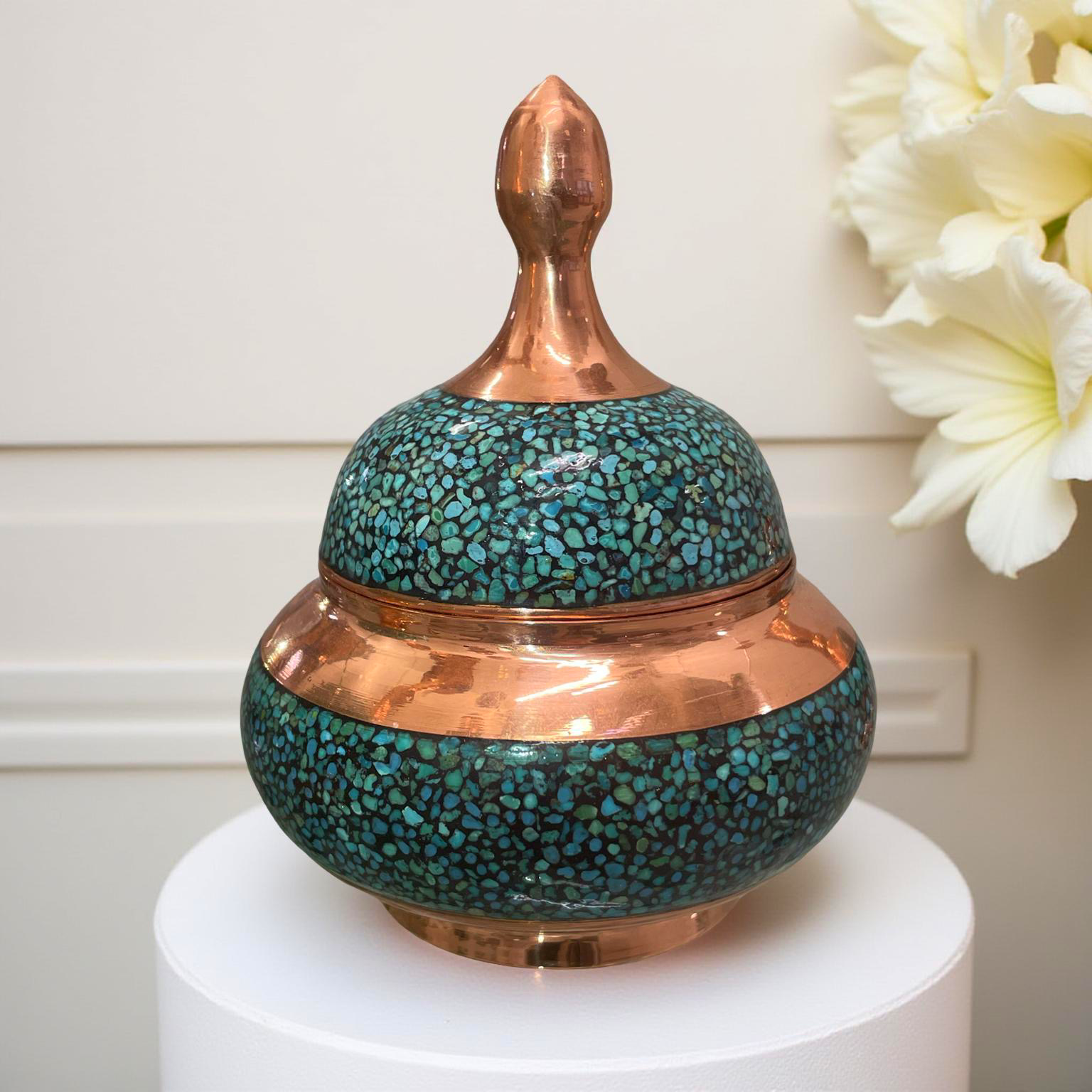 Turquoise inlaid copper dish