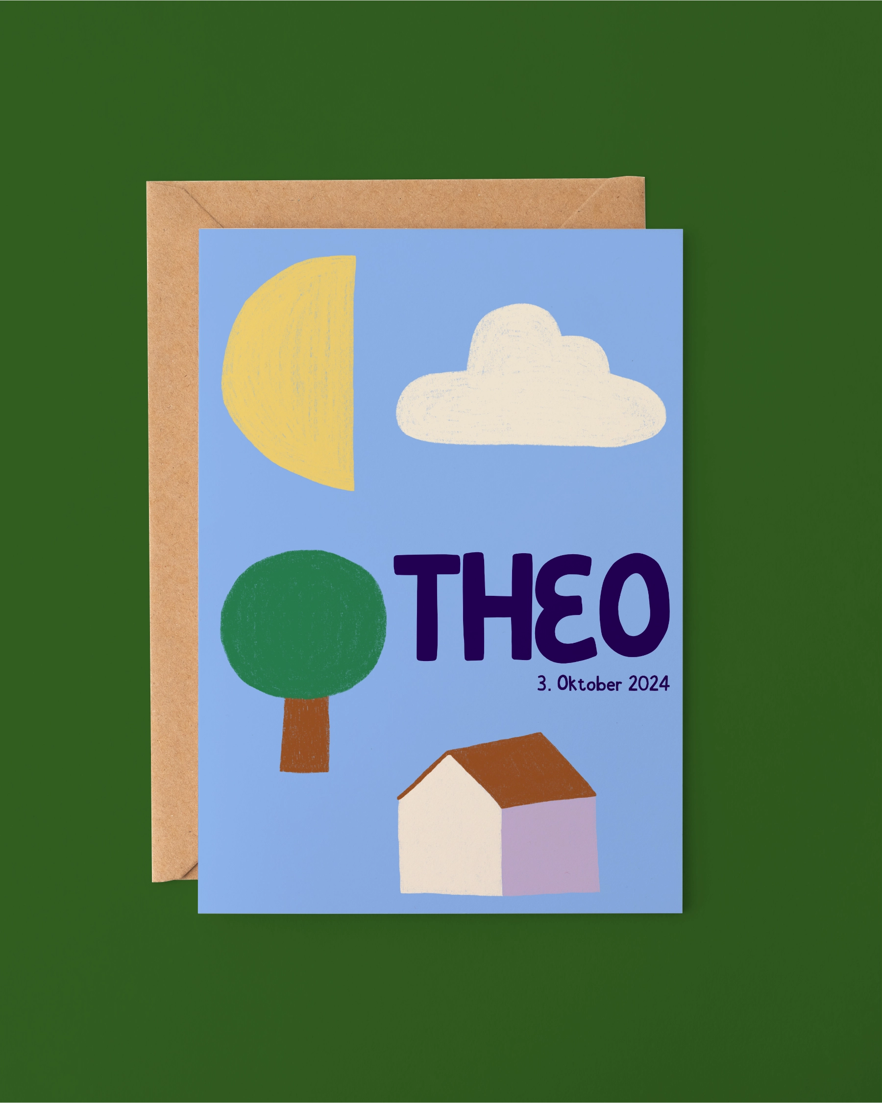 Geburtskarte "Mond-Haus-Wolke"