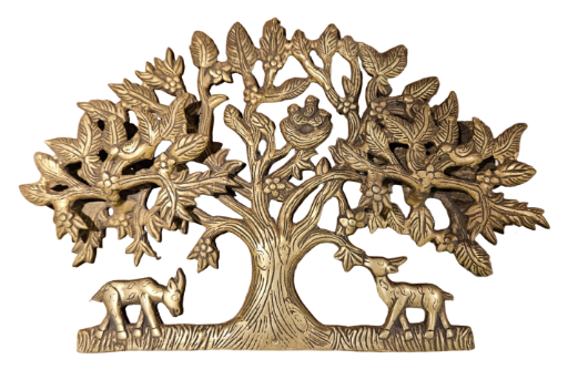 Kalpavriksha — Brass Tree of Life Wall Plaque with Deer and Nest