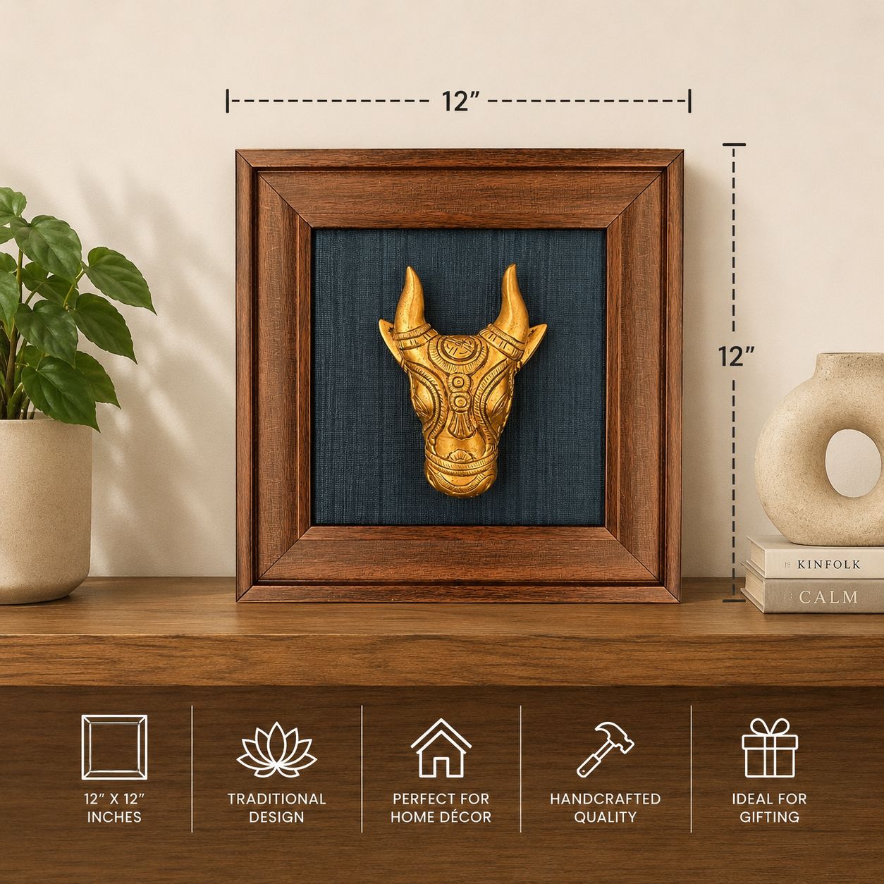 Bull Head in wooden frame (Pure Brass)