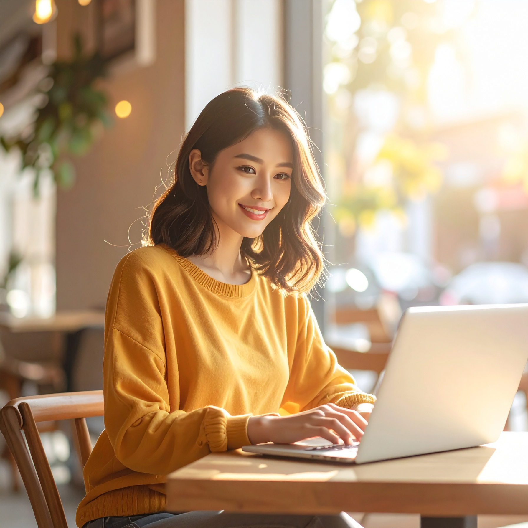 A realistic photo of a young, energetic woman working on a laptop in a cafe. The background is blurred, with soft daylight coming through the window.