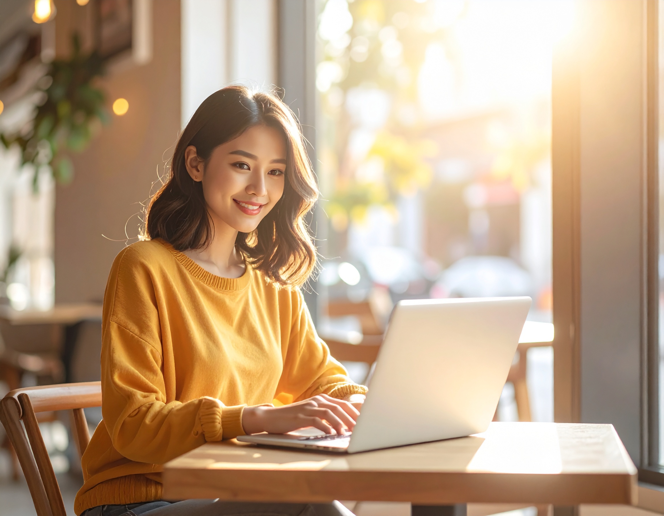 A realistic photo of a young, energetic woman working on a laptop in a cafe. The background is blurred, with soft daylight coming through the window.