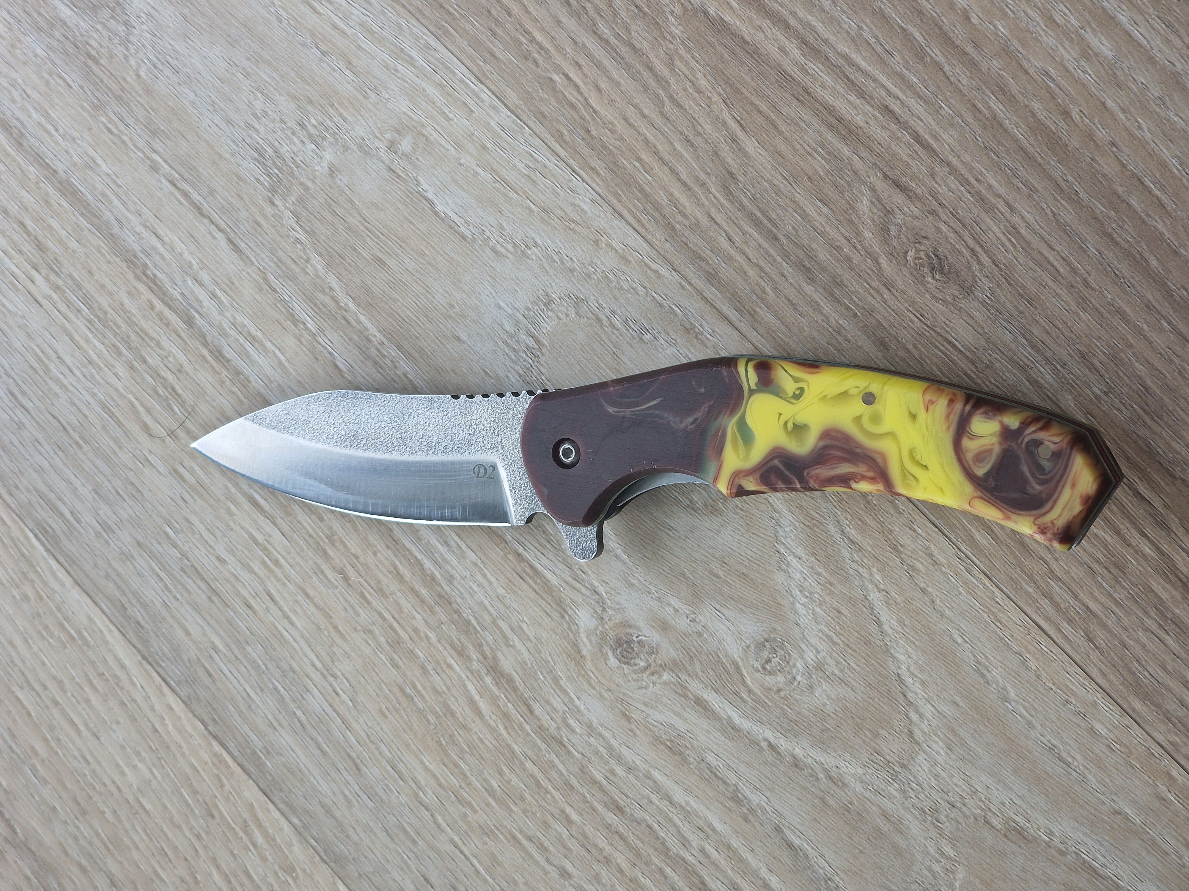 Böhler D2 Pocket Knife with Epoxy Handle Yellow-Brown