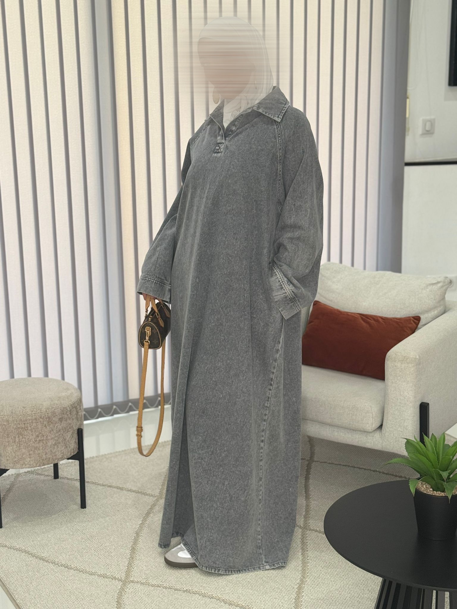 Robe/Abaya en jean gris-noir