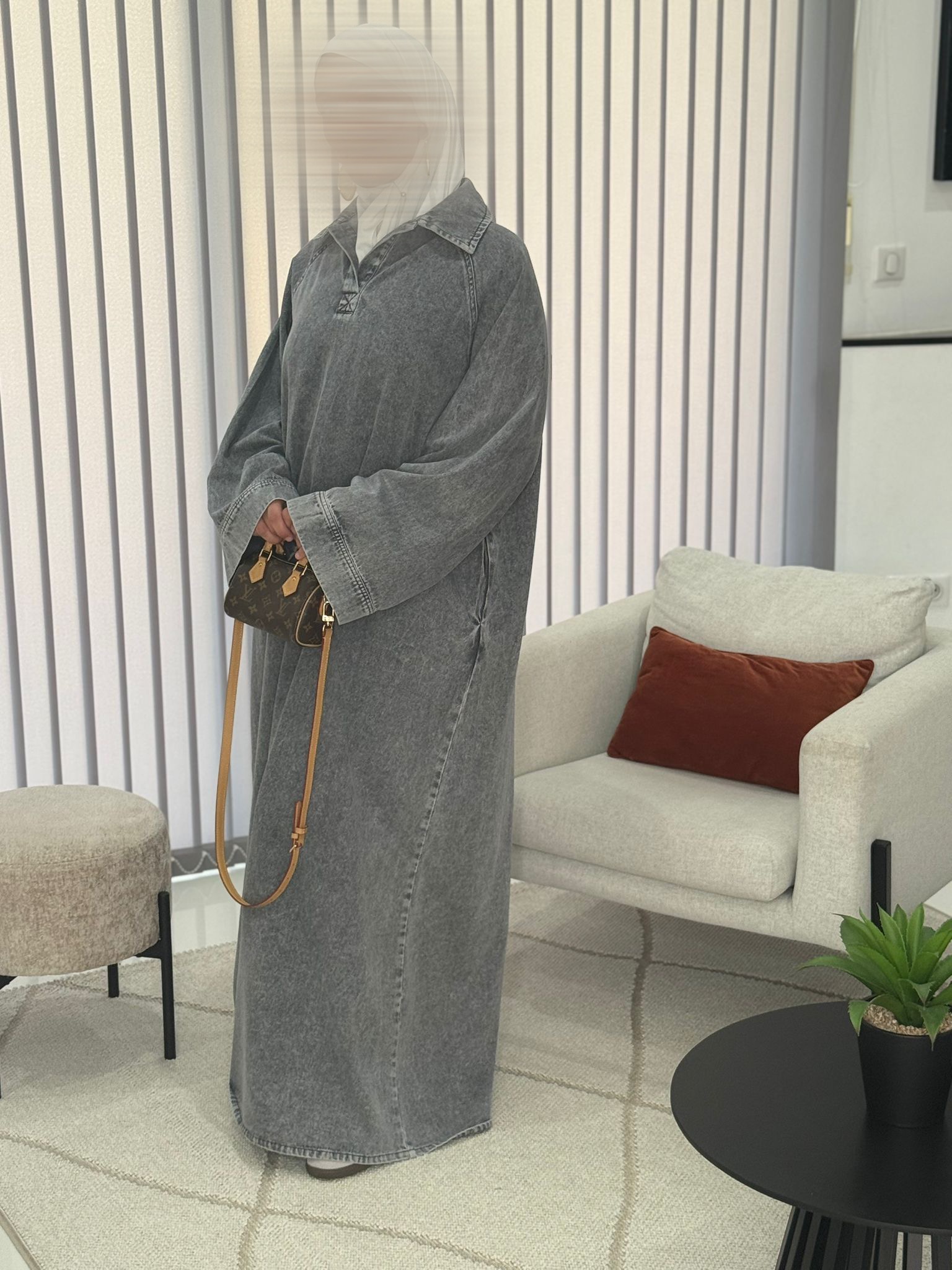 Robe/Abaya en jean gris-noir