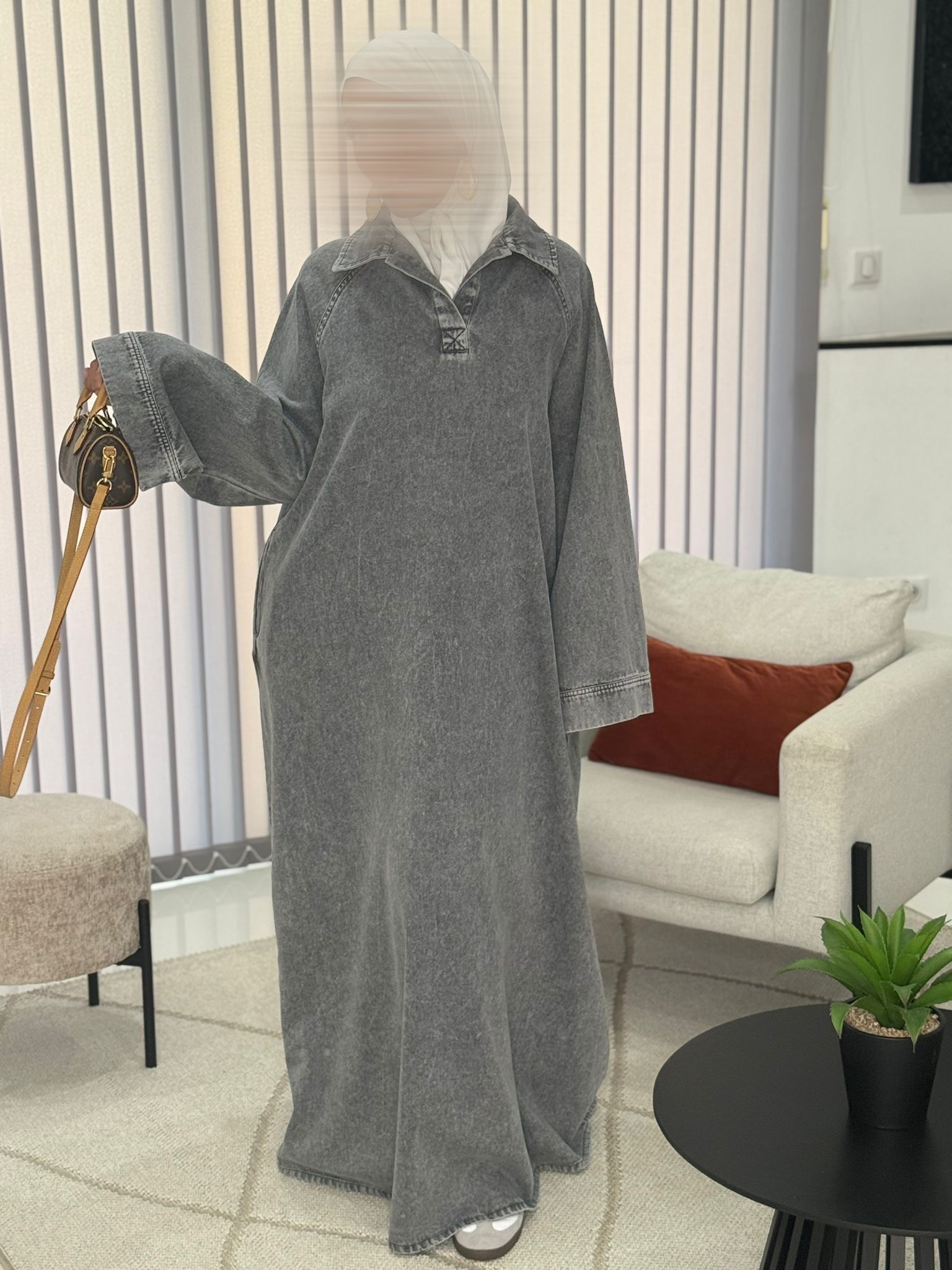 Robe/Abaya en jean gris-noir