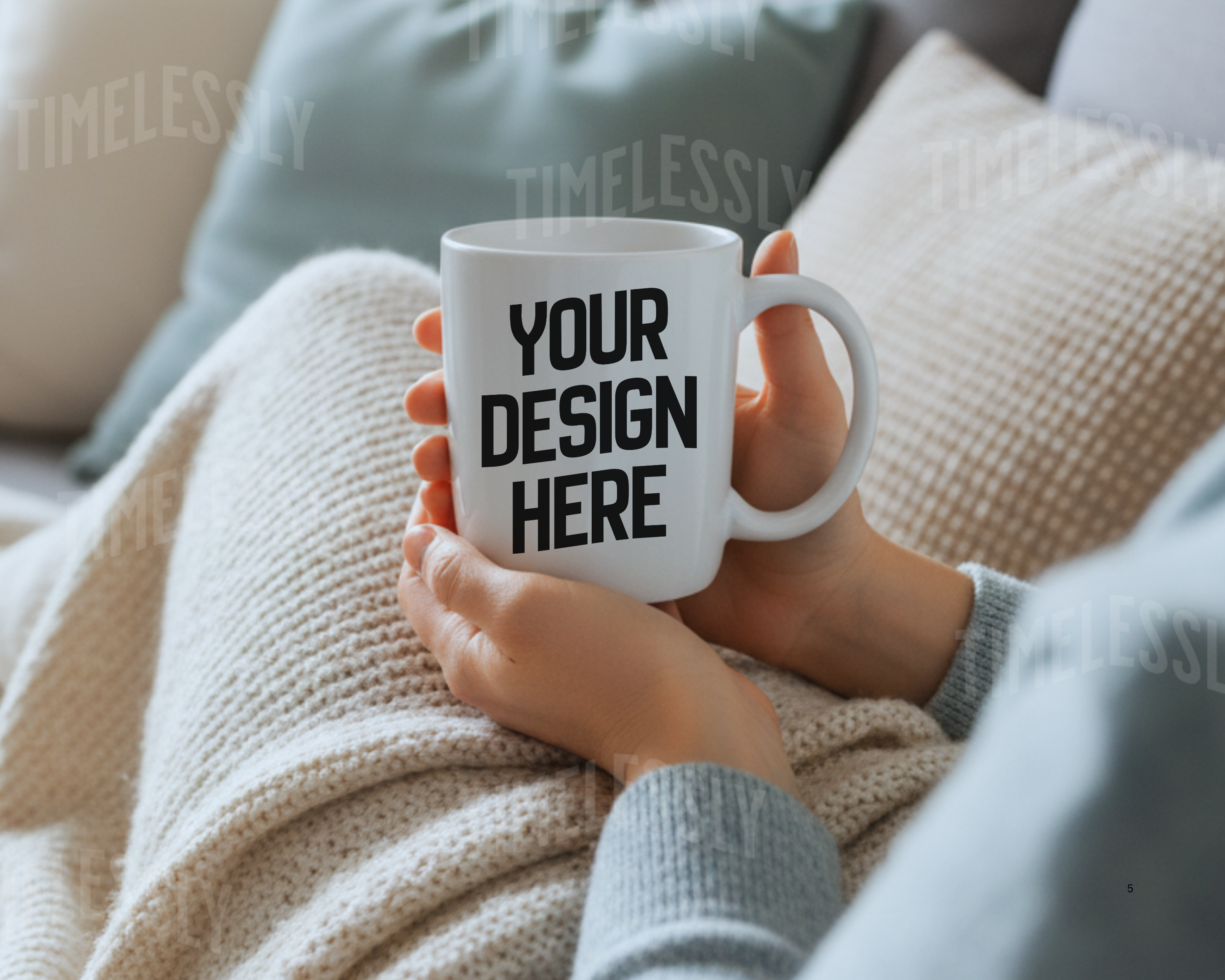 White Ceramic Mug Mockup | Hand in Cable-Knit Sweater | 11oz PNG