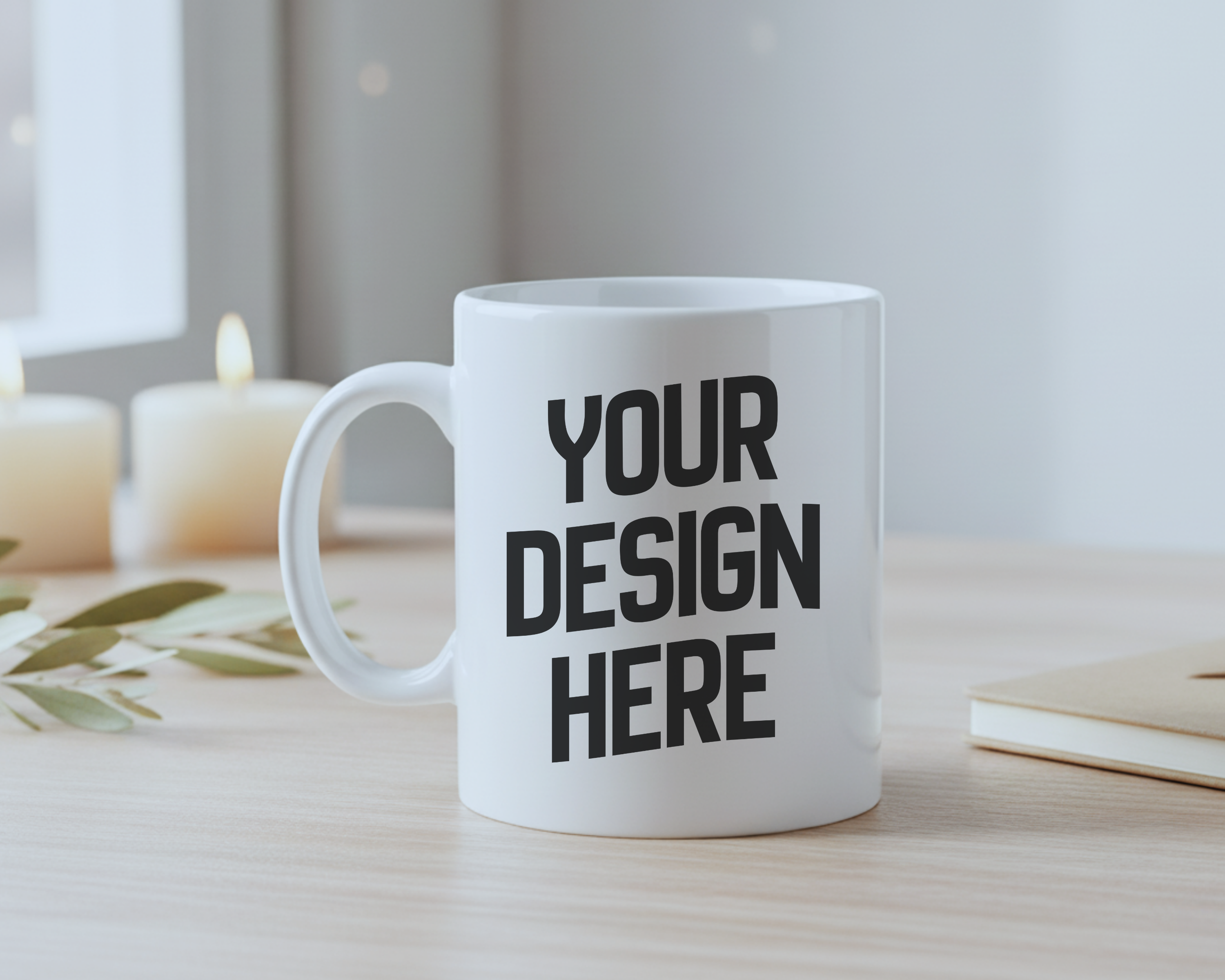 White 11oz Mug Mockup | Minimal Candle & Olive Scene | PNG