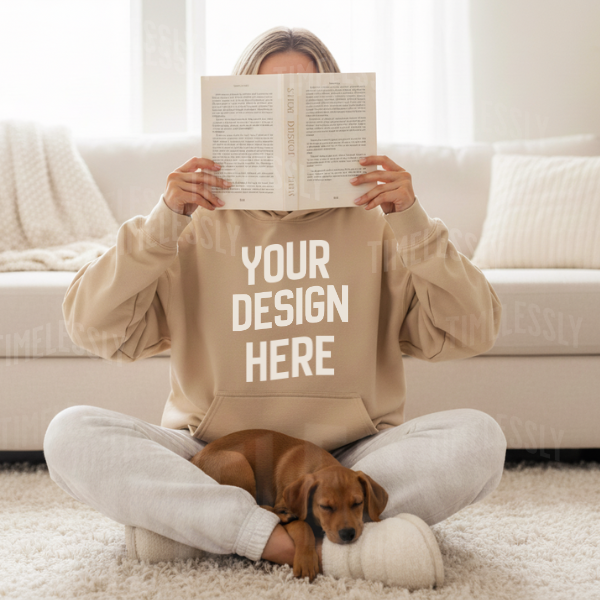 Gildan 18500 Sand Hoodie Lifestyle Mockup – Cozy Indoor Setting