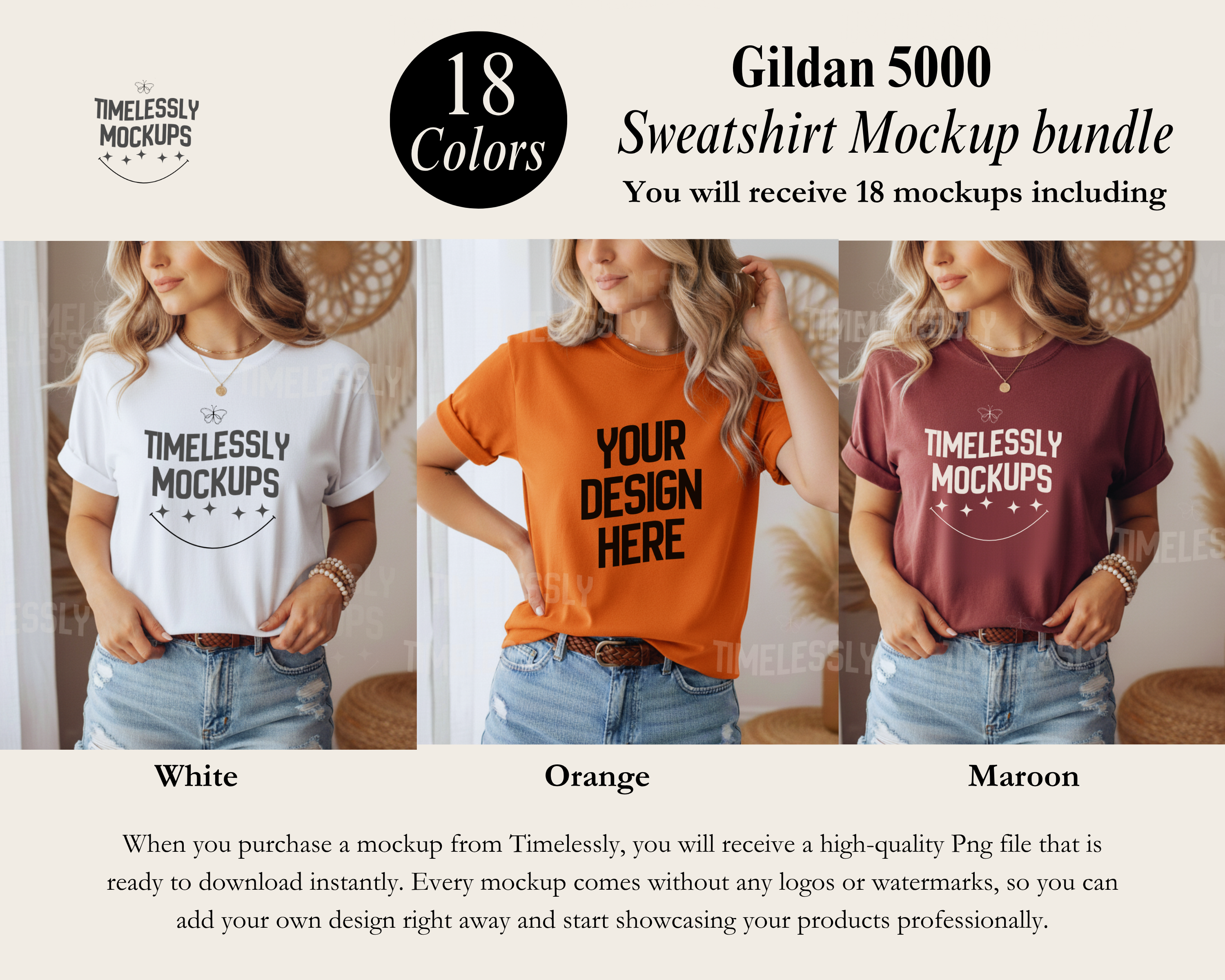 Gildan 5000 T-shirt Lifestyle Mockup Bundle — 18 Colors — Instant PNG Download