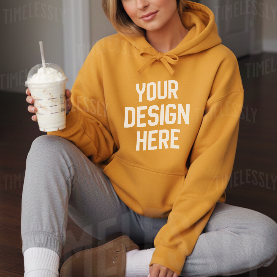 Gold Gildan 18500 Hoodie Mockup – Indoor Lifestyle