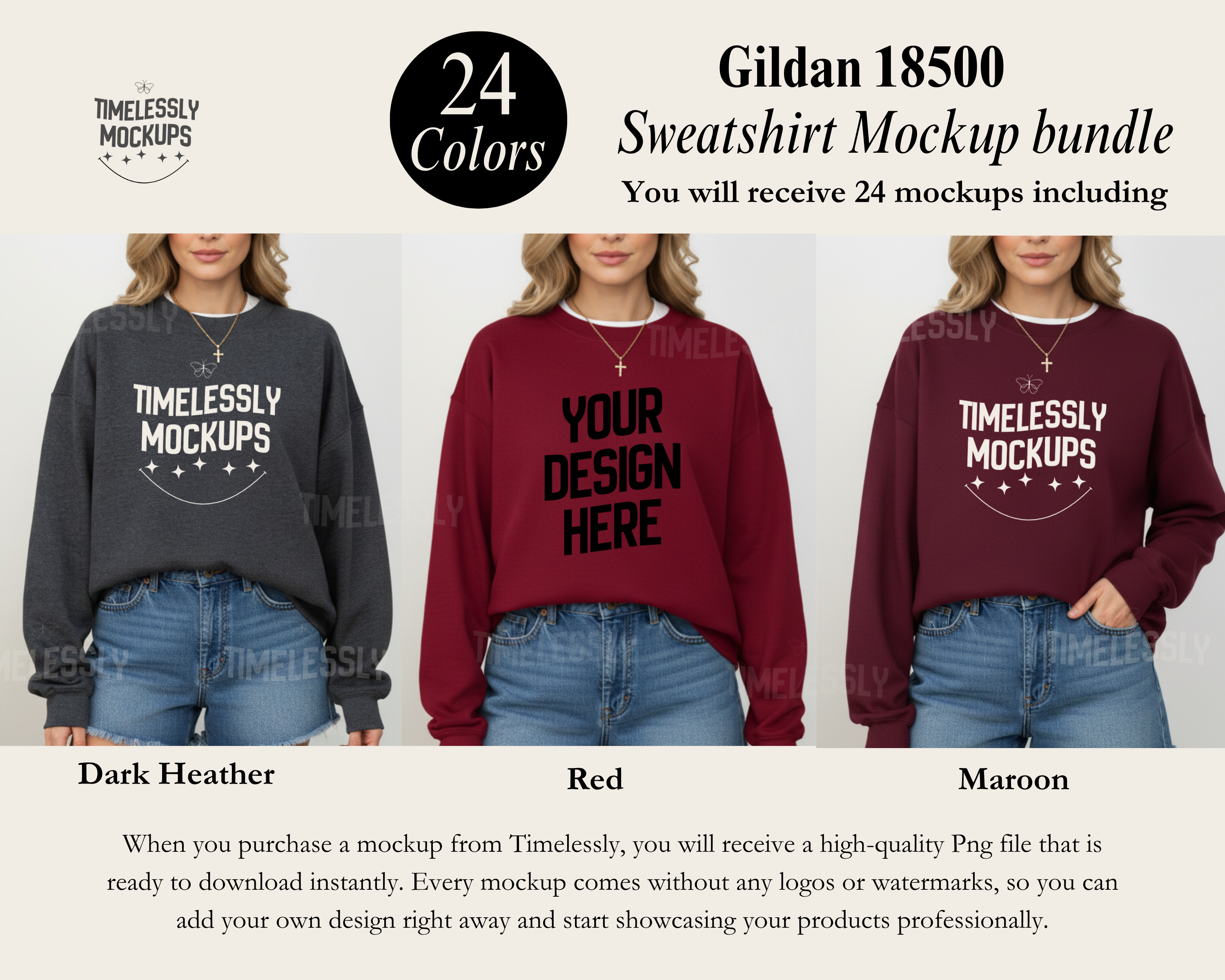 Gildan 18500 Sweatshirt Mockup Bundle — 24 Colors — Instant PNG Download
