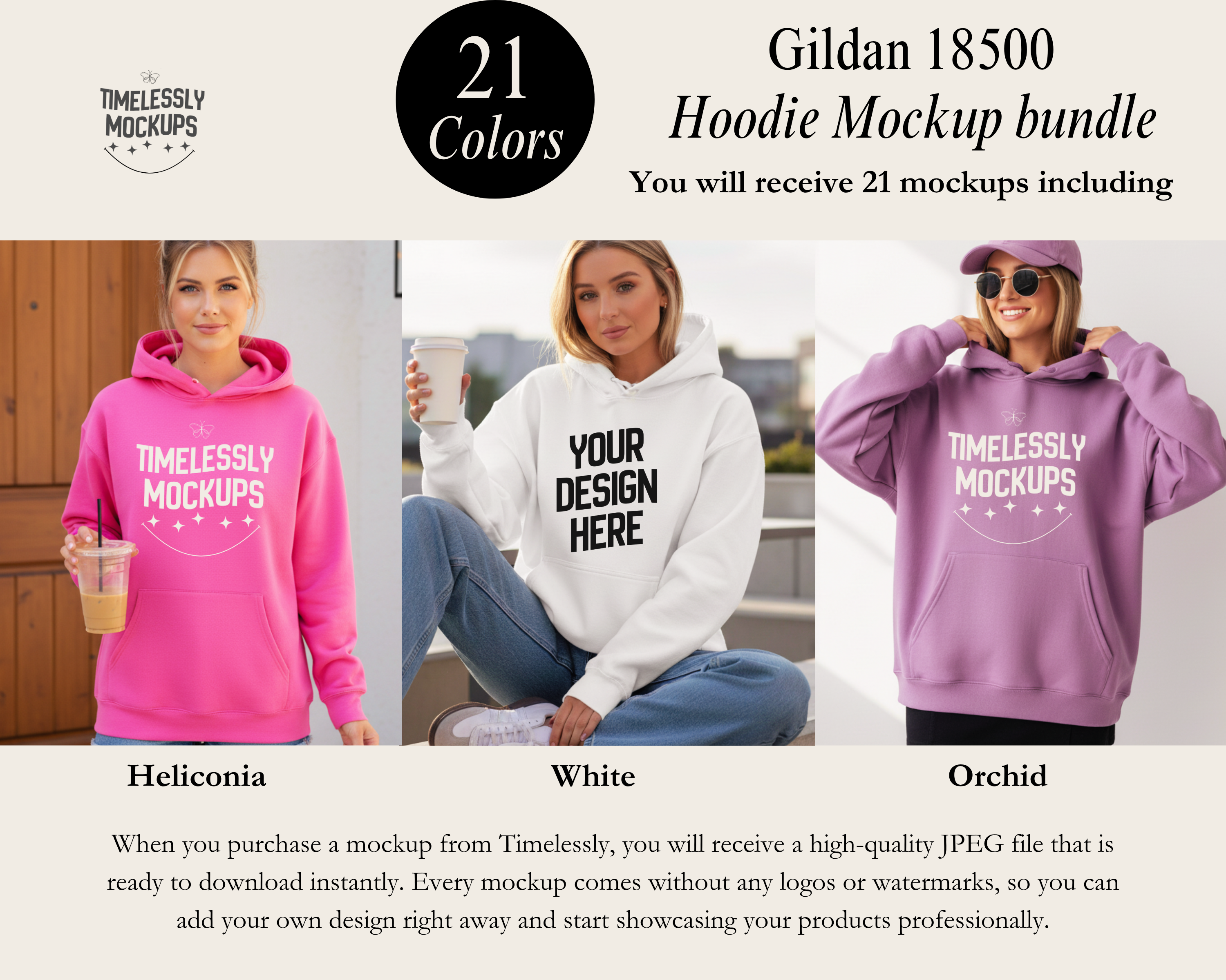 Gildan 18500 Hoodie Mockup Bundle — 21 Colors — Instant PNG Download