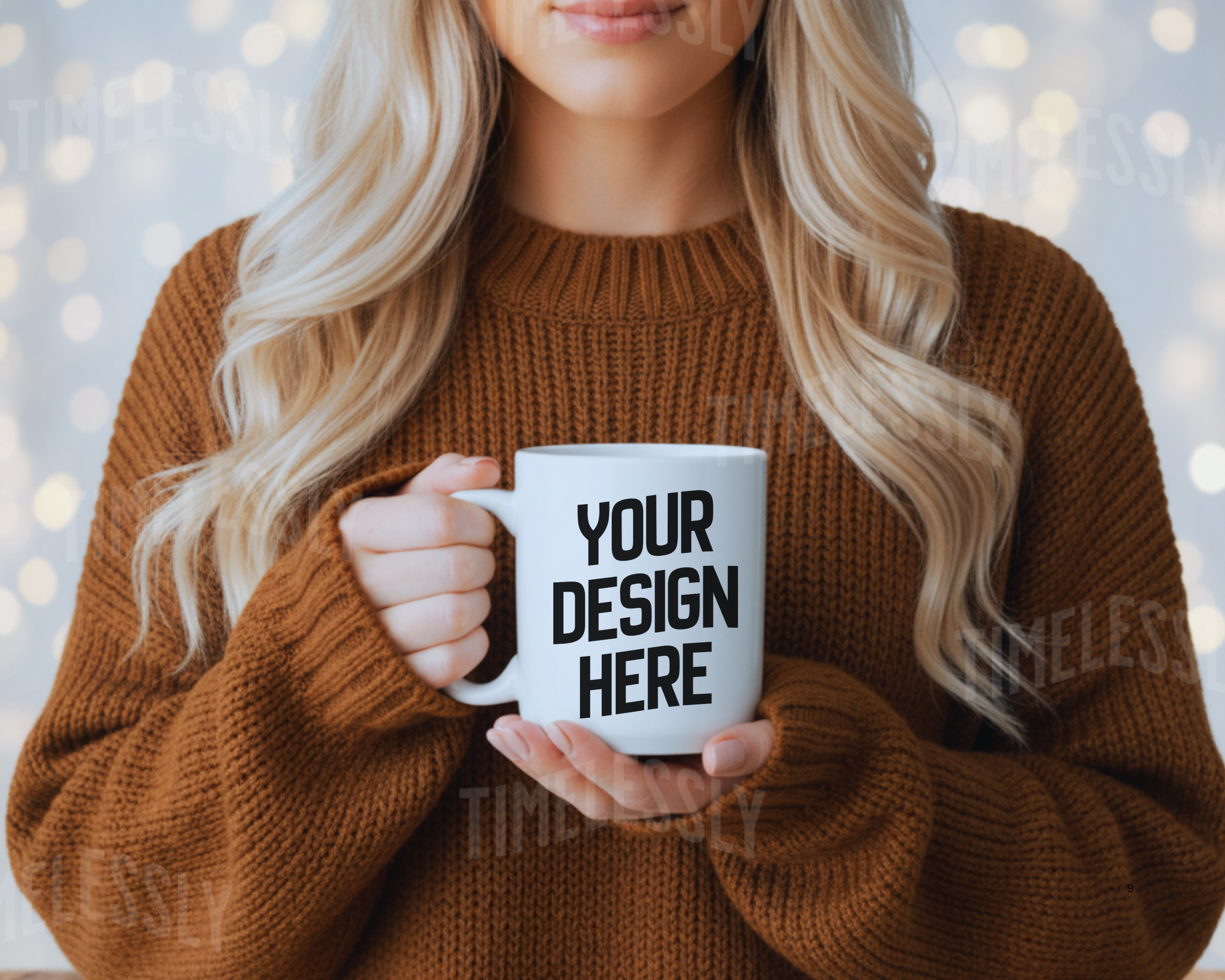 White Ceramic Mug Mockup | Hand in Cable-Knit Sweater | 11oz PNG