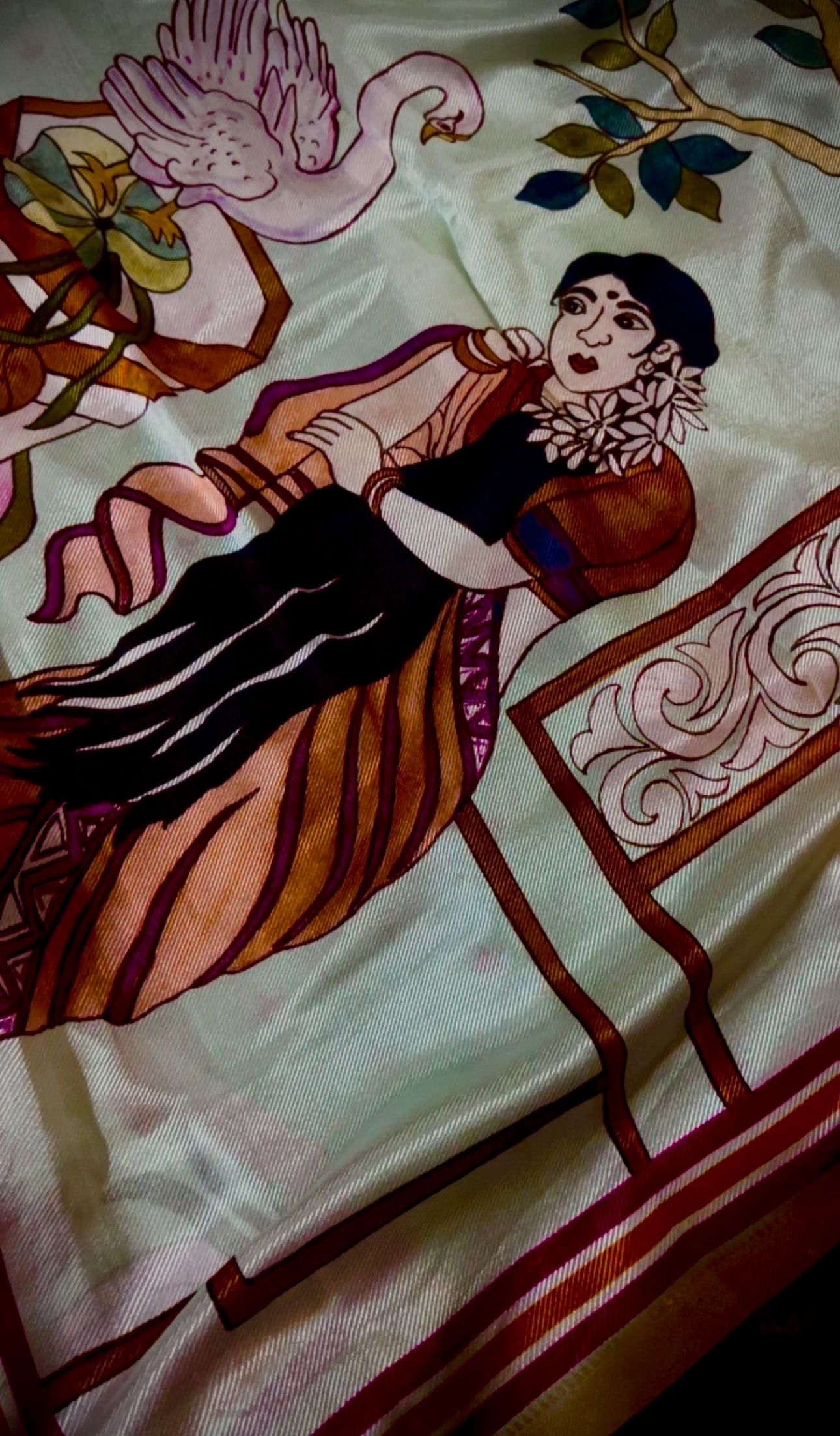 Hand-painted Swan Ruby Silk Saree